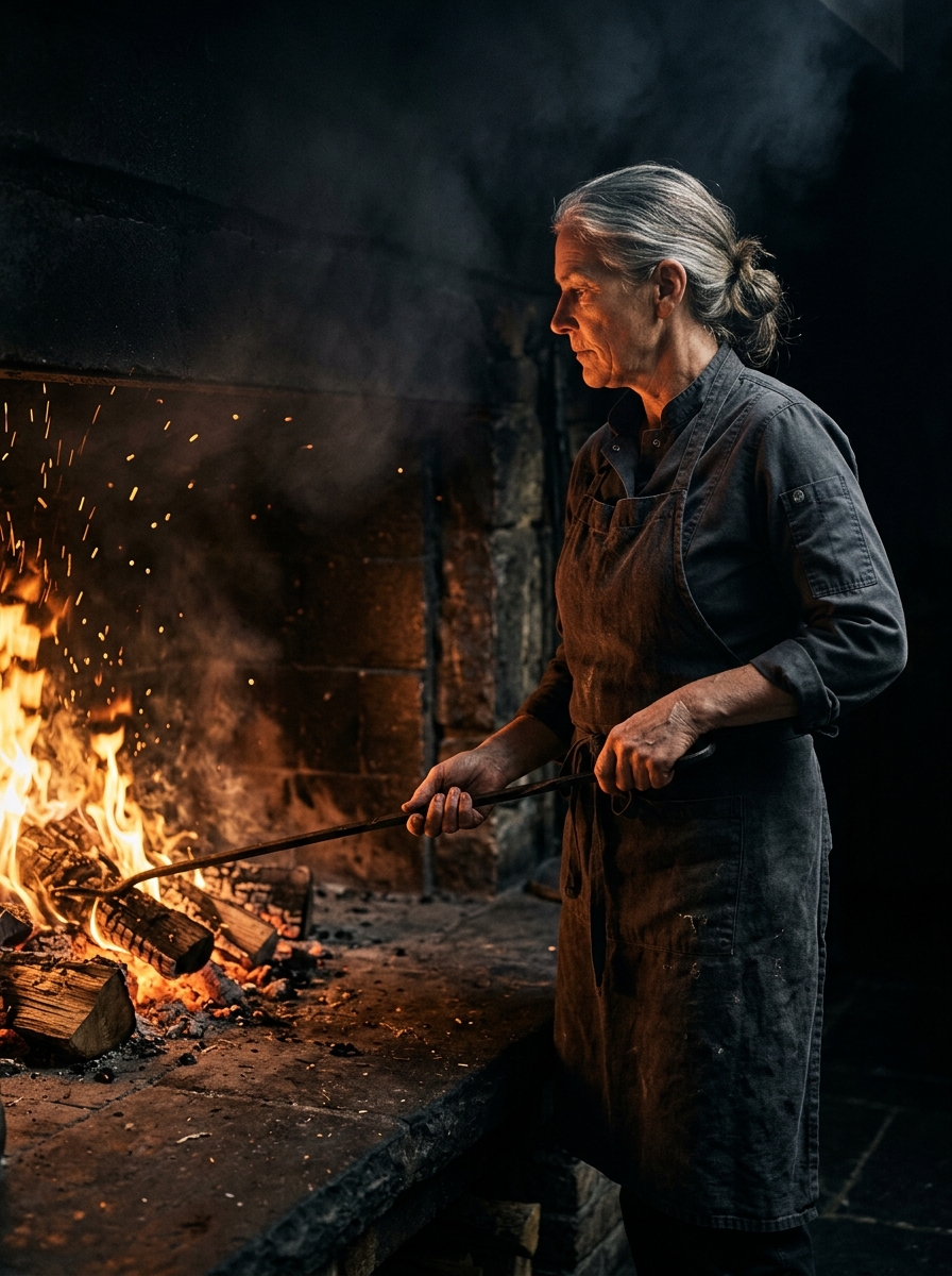 Chef Mara Ostrander in profile beside the open hearth, her face lit by firelight, holding an iron poker