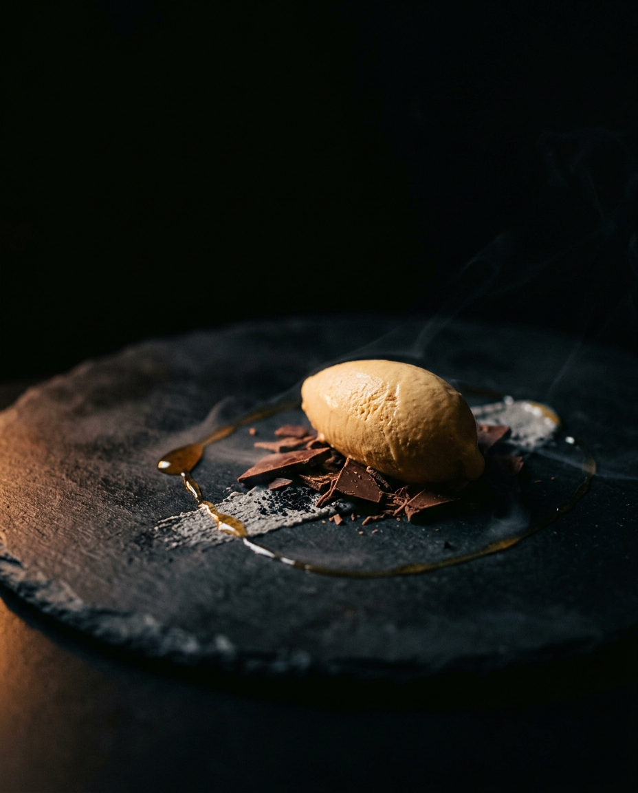 A quenelle of burnt-honey ice cream over smoked chocolate shards and black sesame ash on dark slate