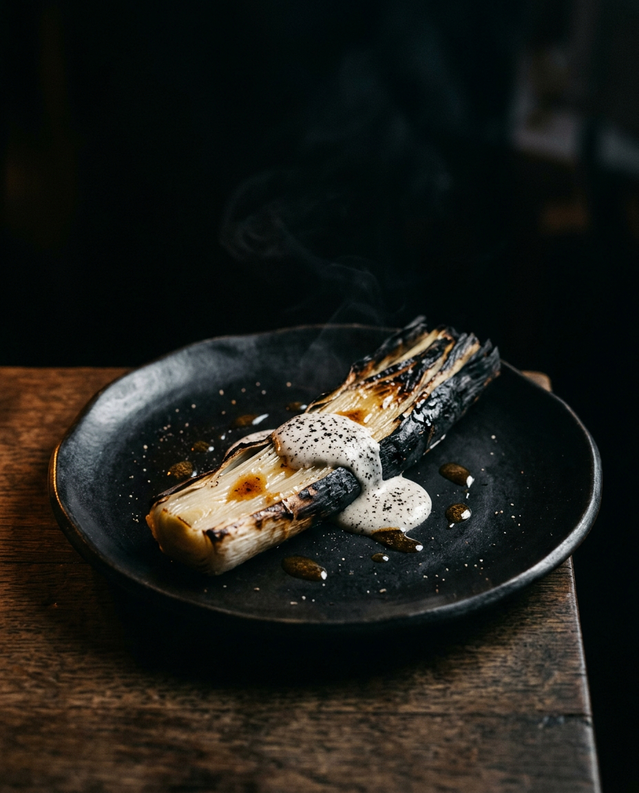 An ember-roasted leek split open on dark ceramic, charred outside, pale and smoked within