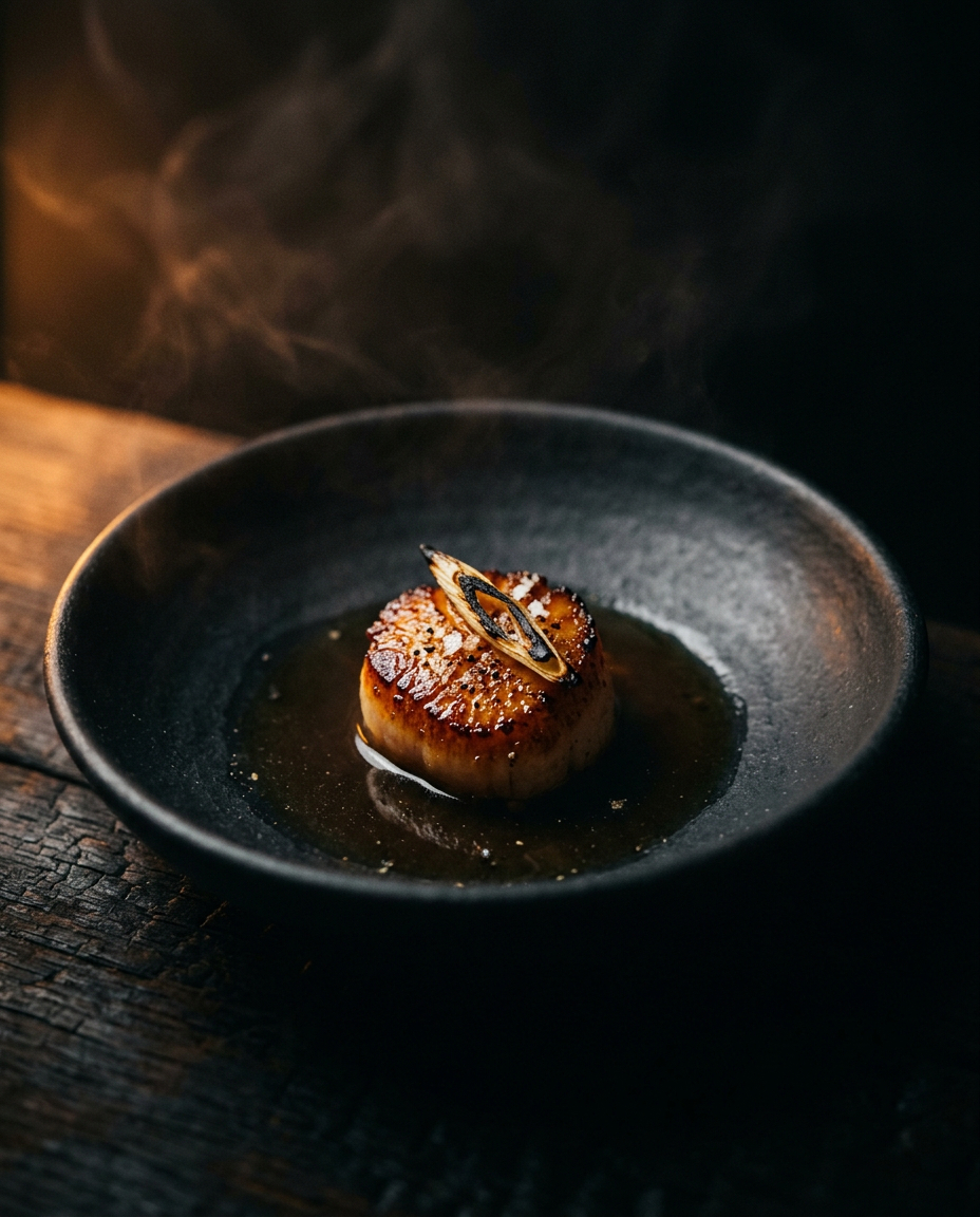A single seared scallop with a deep amber crust in a pool of smoked dashi, in a black stoneware bowl