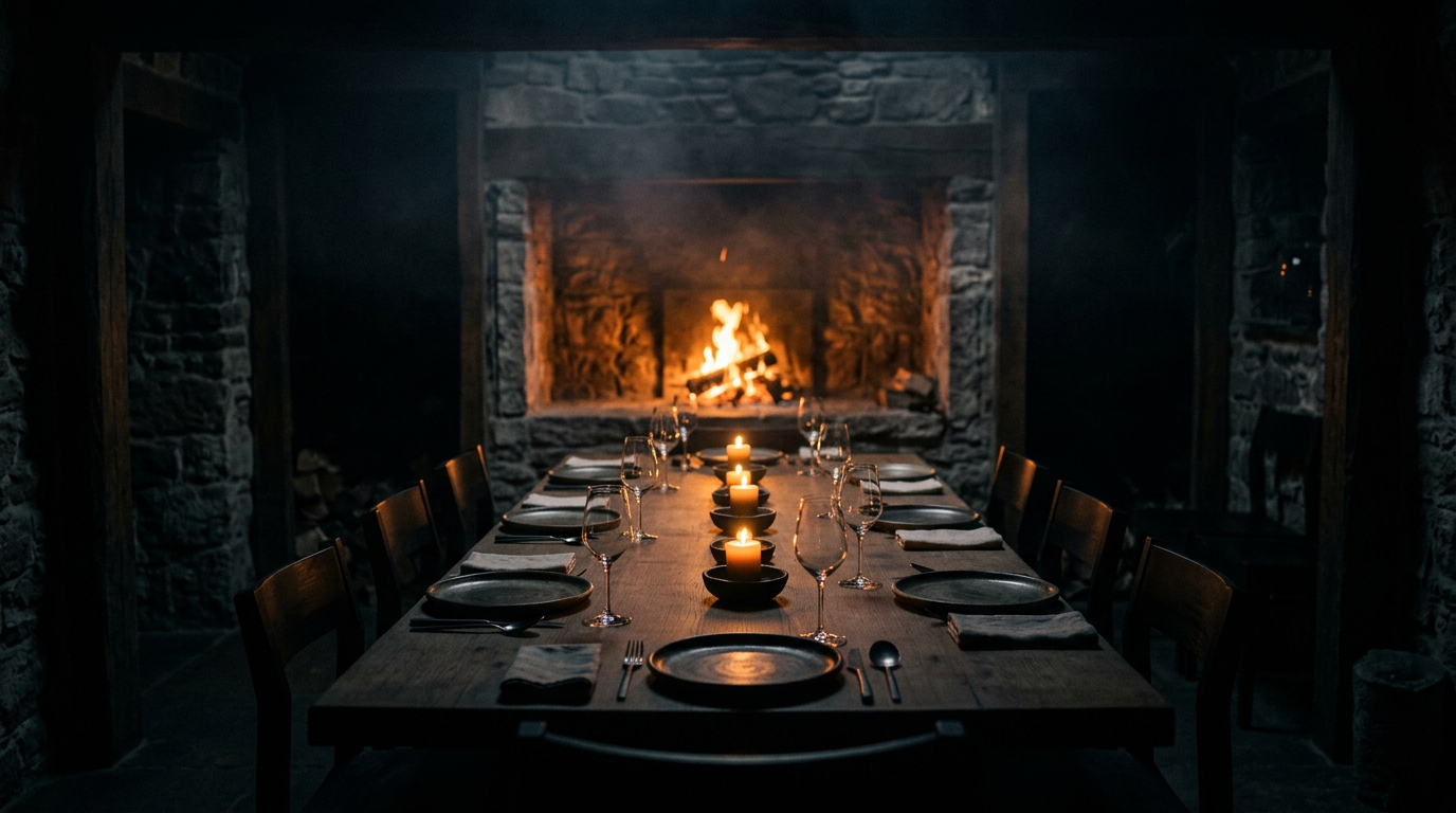A single long oak table set with dark ceramics and candles before a glowing stone hearth